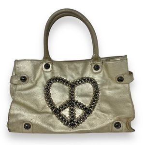 BETSEY JOHNSON Peace & Love Metallic Gold Cow Leather Large Handbag Shoulder Bag